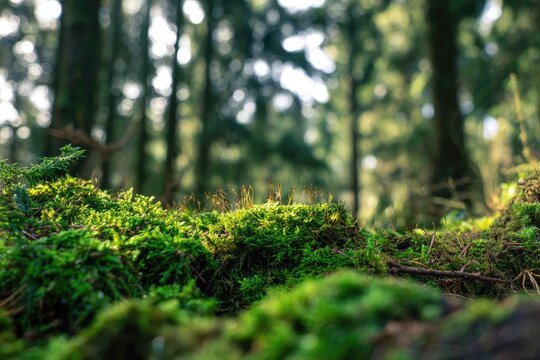 Lush green moss carpet in a forest floor, sunlight filtering through trees