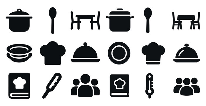 Cooking and dining solid icons set – filled, kitchen, culinary essentials