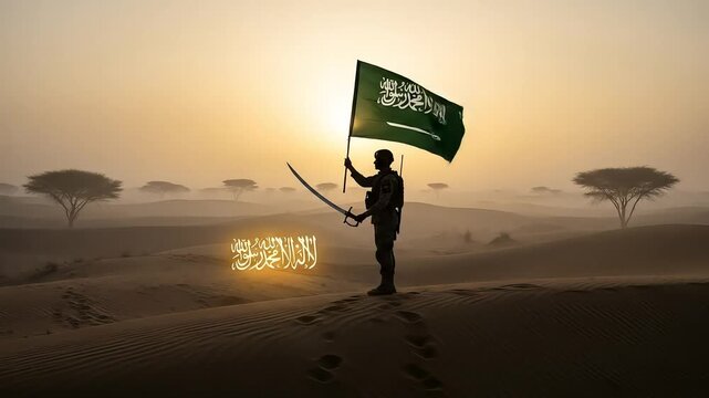 Saudi Soldier Stands Valiant with Flag and Sword in Desert Dawn