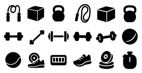 Fitness and gym solid icons set – filled, workout and exercise equipment symbols