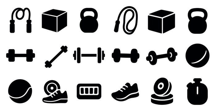 Fitness and gym solid icons set – filled, workout and exercise equipment symbols - Powered by Adobe
