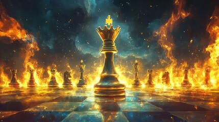 Golden King chess piece stands dominant amidst fiery battlefield, symbolizing strategic victory and intense competition.