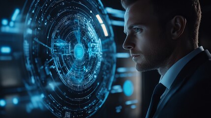 Focused businessman analyzing futuristic digital interface with glowing blue data streams and complex algorithms