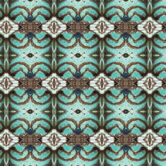 Seamless abstract pattern with turquoise, brown, and white organic shapes, resembling natural symmetry or tribal texture. Perfect for textile or wallpaper designs. Pattern, Abstract, Seamless, Symmetr