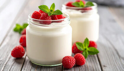 Raspberry Yogurt Delight: A delightful composition of creamy yogurt, adorned with fresh raspberries and vibrant mint leaves, evokes a sense of freshness, health, and pure gustatory pleasure.