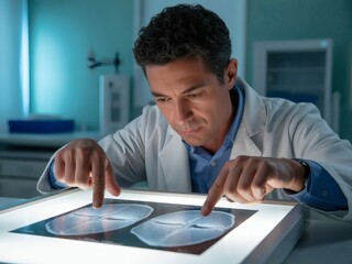 Male doctor examining brain scans on a light box in lab
