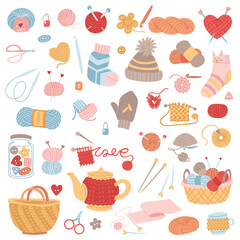 Set of crochet and knitting needles. Balls of yarn, storage items, and knitted items. Flat color illustration. For creating packaging designs, business cards, and stickers for handmade products