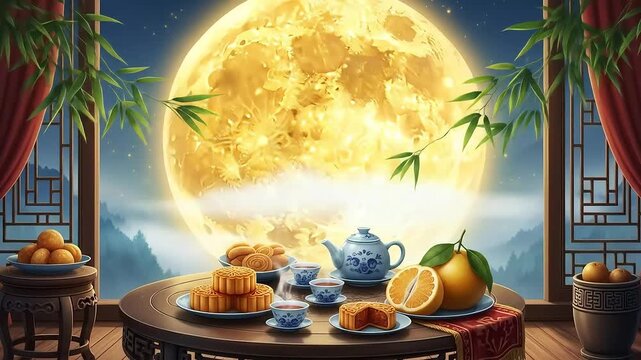 Vibrant Mid-Autumn Festival: Golden Full Moon Illuminates Traditional Mooncakes and Steaming Tea Ceremony