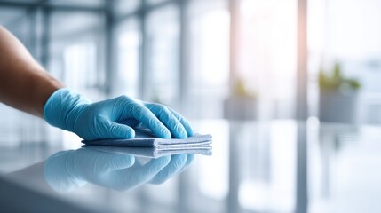 A hand wearing a blue glove wipes a shiny surface with a soft cloth, promoting cleanliness and hygiene.