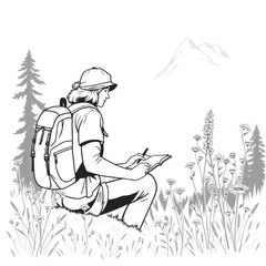 A hiker sketching wildflowers in a personal journal by mountain light