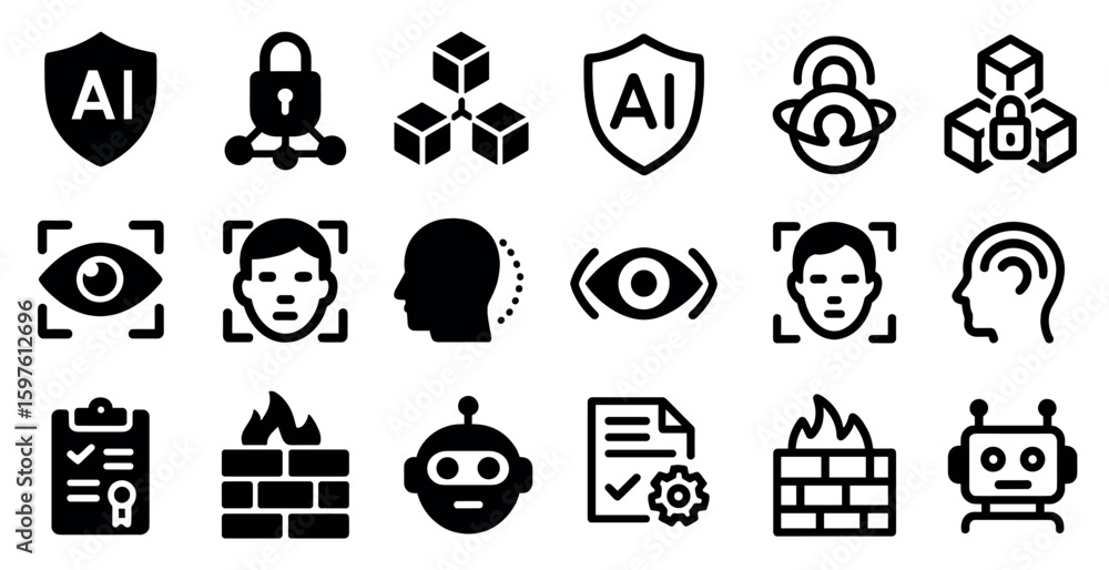 Aufkleber artificial intelligence outline icons set – linear, tech, machine learning symbols
