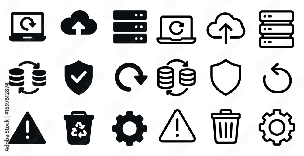Poster data backup and recovery solid icons set – devices, cloud, security symbols