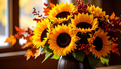 Sunflower Bouquet: A vibrant bouquet of sunflowers and fall foliage is the focal point, bathed in the warm, natural light filtering through a nearby window.