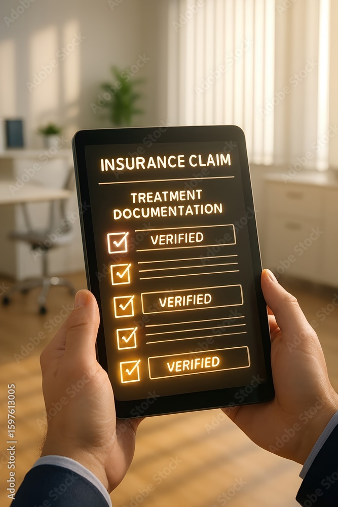 Poster digital tablet displaying insurance claim treatment documentation with verified statuses in a modern