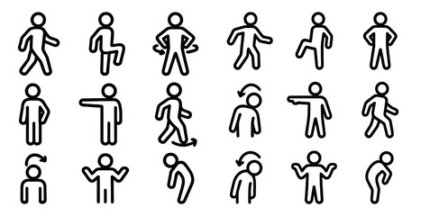 Walking and movement outline icons set – linear, fitness and exercise symbols
