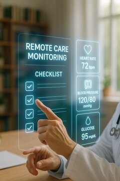 Doctor interacting with digital interface for remote patient monitoring checklist with vital signs such as heart rate blood pressure and glucose levels
