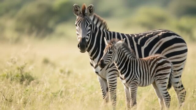 A zebra mother and her young foal stand in a grassy savanna.