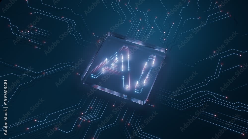 Poster glowing ai circuit chip on futuristic digital board representing artificial intelligence, technology