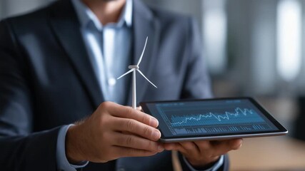 Man is holding a tablet with a wind turbine on it. He is wearing a suit. businessperson in dark suit holding small turbine model and digital graph tablet, soft rim light, sustainable energy stocks - Powered by Adobe