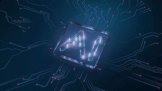 Glowing AI Circuit Chip on Futuristic Digital Board Representing Artificial Intelligence, Technology Innovation, and Machine Learning Networks. Seamless loop. Created using non-AI 3d Software