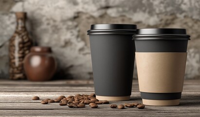 Two black paper coffee cups with brown and beige labels on wooden table against grey stone wall, close-up of disposable travel mugs with dark grey lids and scattered coffee beans