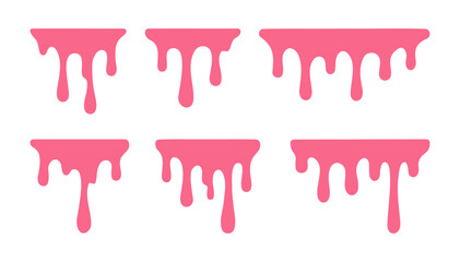 Set of hand drawn long drip of pink glaze, topping, ice cream, gelato, strawberry syrup. Contour, silhouette of dripping drop from cake, dessert, isolated on white background. Flat Vector EPS10