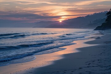 Tranquil Sunrise Over the Serene Beach with Wispy Waves and Coastal Landscape