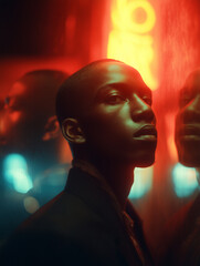 Moody Portrait of Man in Neon Light Reflection at Night – Urban Cinematic Style Photography