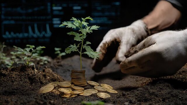 Person is planting a tree in the dirt. The person is wearing gloves. gloved hands planting seedling into pile of gold coins, subtle UI chart behind, sustainable energy stocks