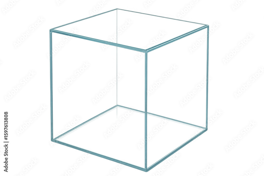 Poster transparent glass cube with clean lines on a transparent background, ideal for showcasing products o