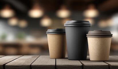 Three paper coffee cups of different sizes on wooden table with blurred background, close-up of black and brown color cup with blank template space for branding mockup design