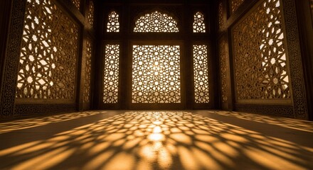 Sunlight through intricate Indian jali patterns in historic architecture