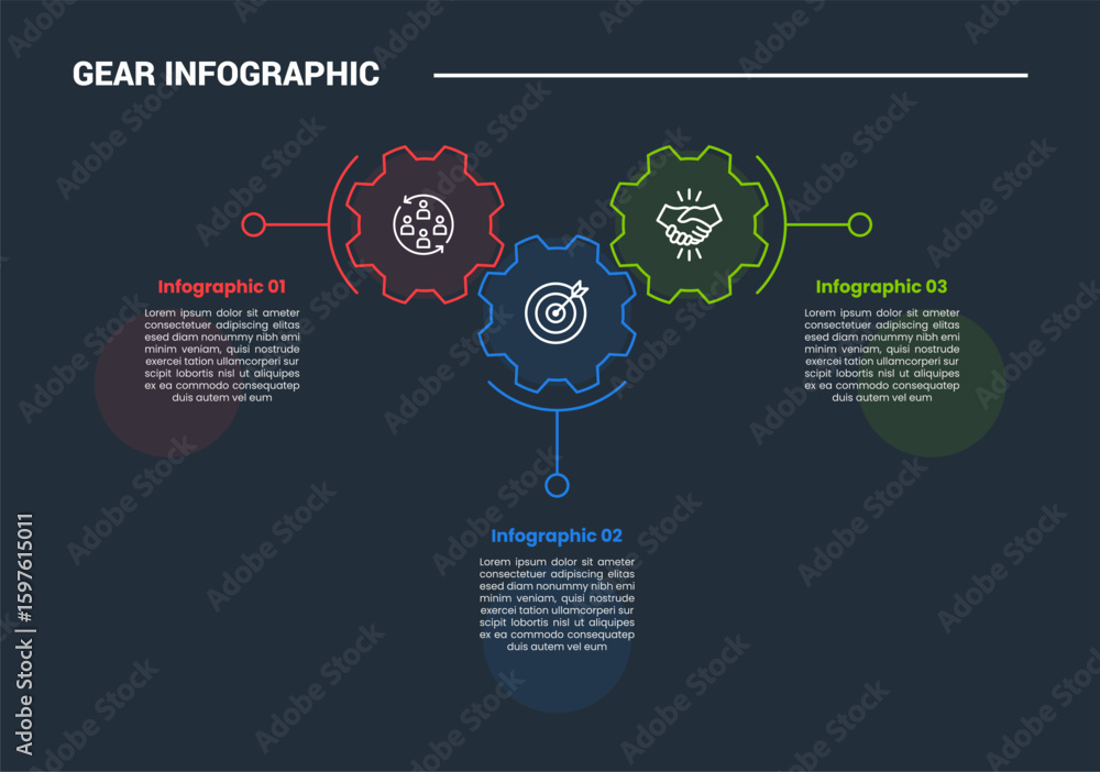 Poster gear shape infographic process diagram with horizontal up and down gear with spreading text directio