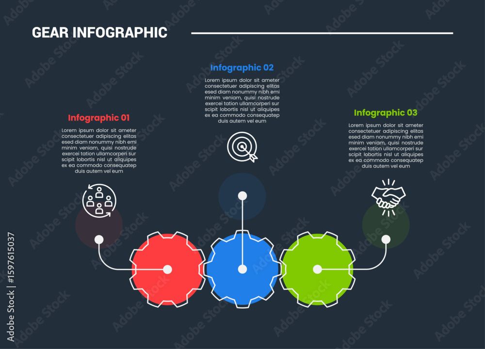Poster gear shape infographic process diagram with horizontal on circle base with pointer on top direction 