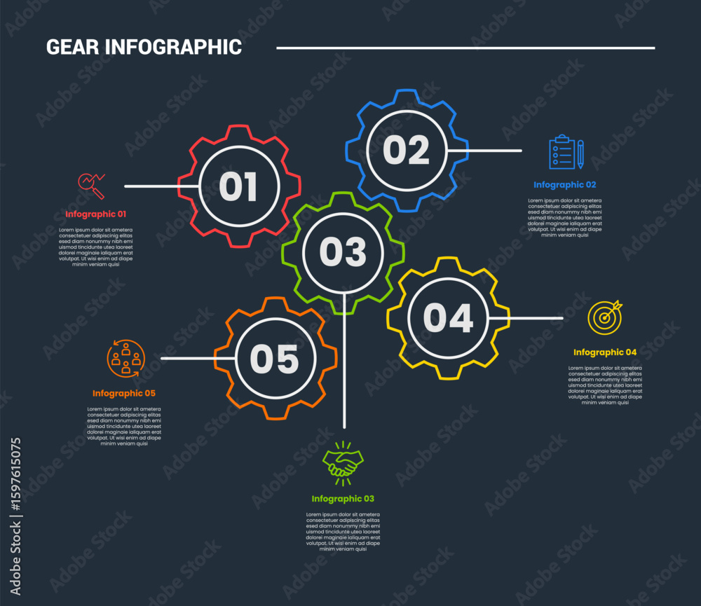 Poster gear shape infographic process diagram with spreading gears on cycle circular connection with dark b