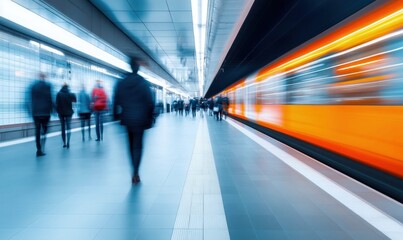 A blurry image of people walking and a speeding subway train in a metro station. The motion blur suggests rapid movement and commuting.