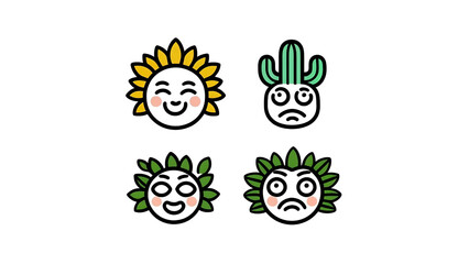 Naklejka premium Set of cute plant character icons with different emotions. Vector collection of sunflower, cactus, and leaf face emoticons for design.