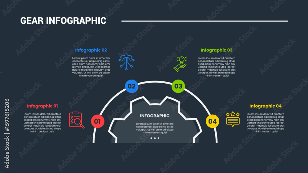 Aufkleber gear shape infographic process diagram with half gear with half circle and dot pointer with dark bac