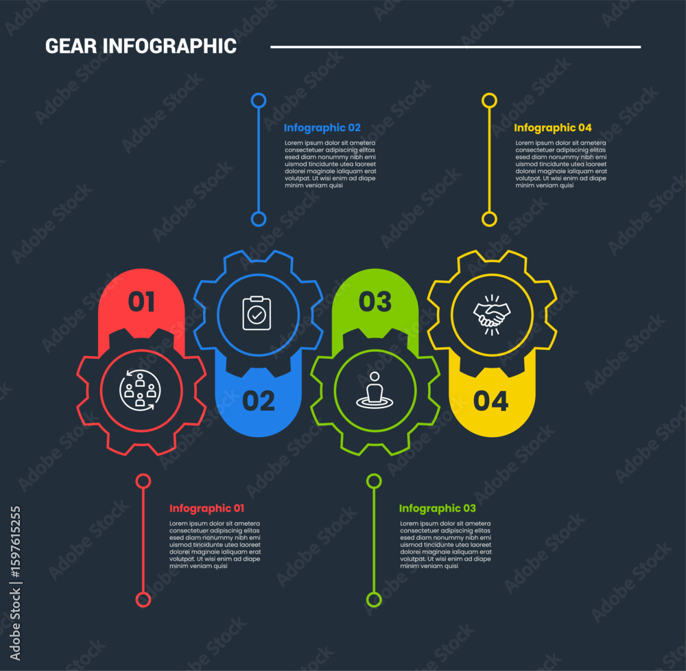 Poster gear shape infographic process diagram with gear and line on horizontal line with up and down positi
