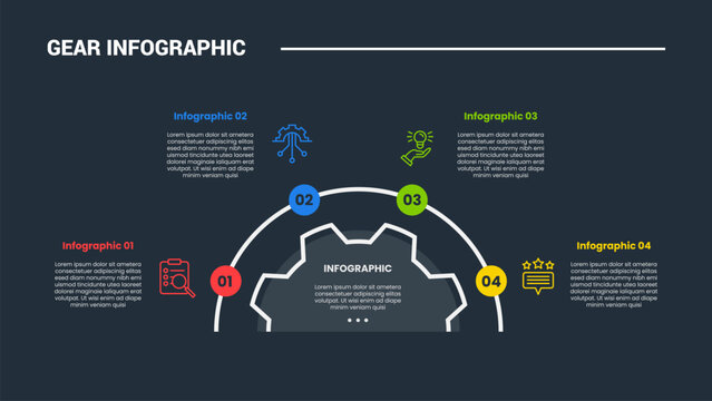 Gear shape infographic process diagram with half gear with half circle and dot pointer with dark background bright outline style and 4 stages