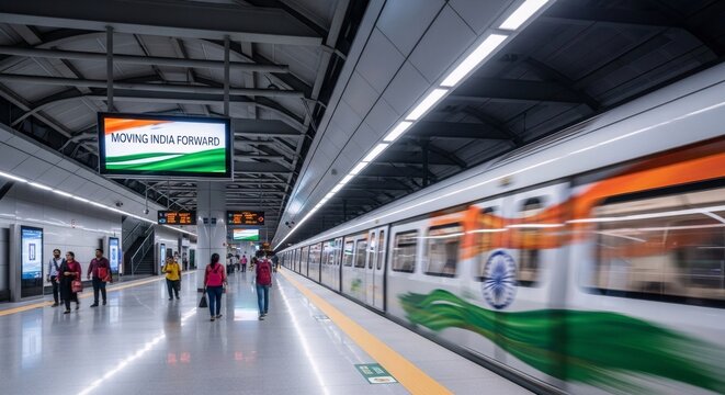 Indian Metro train decorated with national flag colors at a modern station.