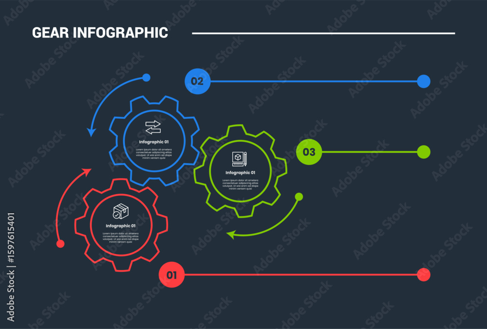 Poster gear shape infographic process diagram with gear connection structure with big circle line with dark