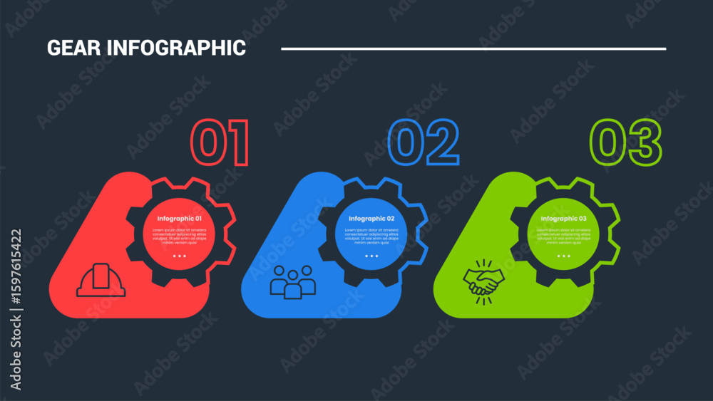 Aufkleber gear shape infographic process diagram with round triangle with gear badge with dark background brig