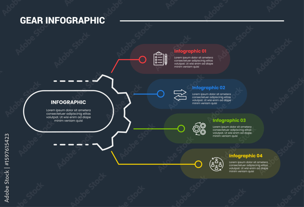 Poster gear shape infographic process diagram with round rectangle container transparent with dark backgrou