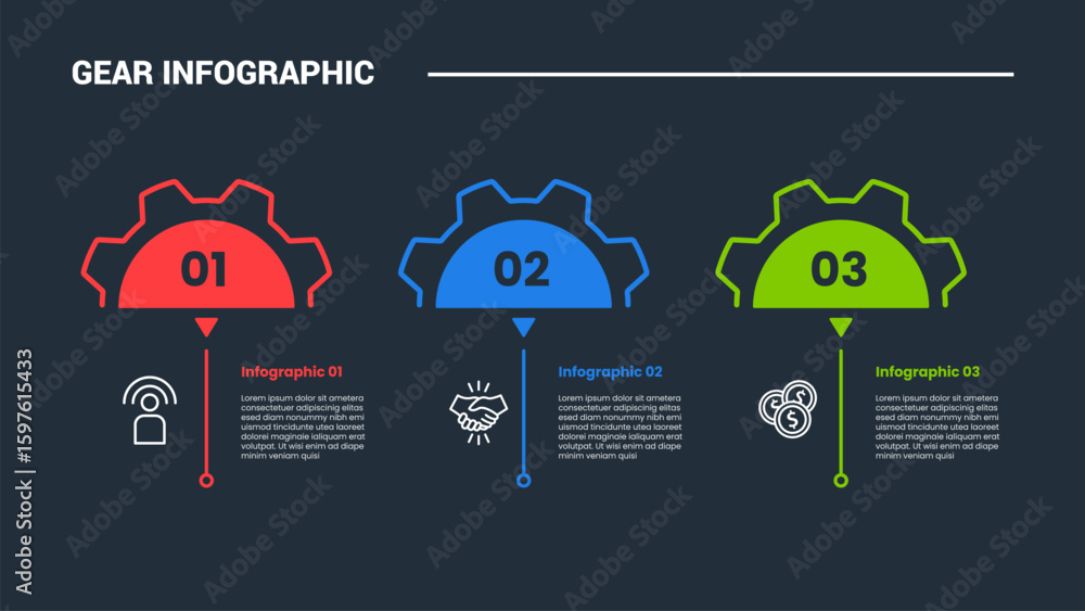 Poster gear shape infographic process diagram with half gear with half circle with vertical standing line w