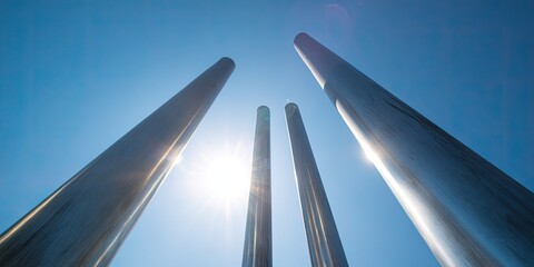 Four tall metallic poles against a clear blue sky