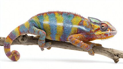 Obraz premium Vibrant Chameleon on Branch: A captivating shot of a chameleon perched elegantly on a slender branch, its vibrant skin showcasing a spectacular array of colorful hues.