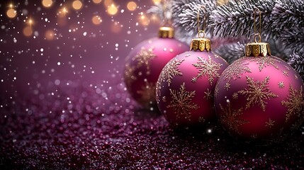 Festive christmas ornament decorations displaying snowflake designs on a sparkling purple background