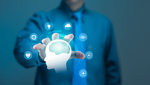 Businessman Interacting with Digital Brain Interface for Mental Health and Innovation