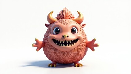 Cheerful, fluffy monster with horns against a plain background.